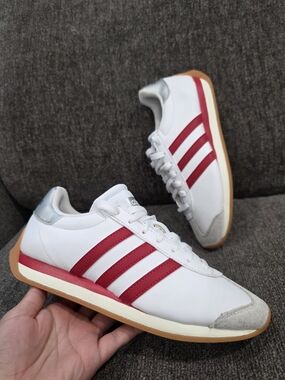 Adidas White Sneakers with Red Stripes